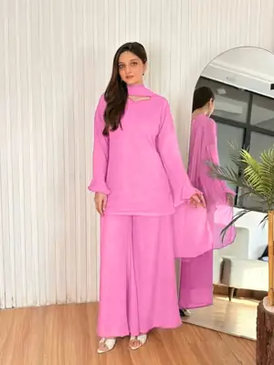 3 Pcs Women's Stitched Chiffon Plain Suit thumbnail 4