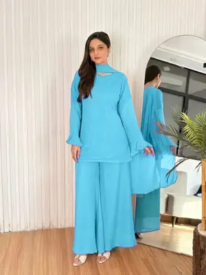 3 Pcs Women's Stitched Chiffon Plain Suit thumbnail 5