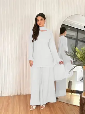 3 Pcs Women's Stitched Chiffon Plain Suit