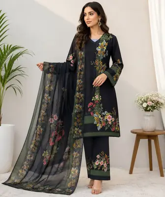 3 Pcs Women's Stitched Dobby Lawn Printed Suit thumbnail 3