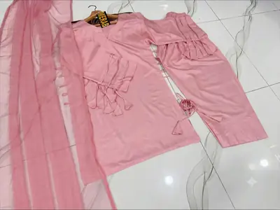 3 Pcs Women's Stitched Linen Plain Suit thumbnail 3