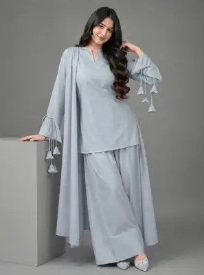 3 Pcs Women's Stitched Linen Plain Suit