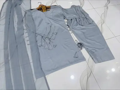 3 Pcs Women's Stitched Linen Plain Suit thumbnail 3