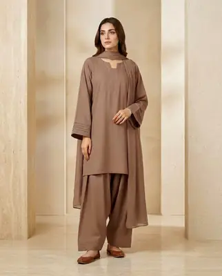 3 Pcs Women's Stitched Cotton Plain Suit thumbnail 4