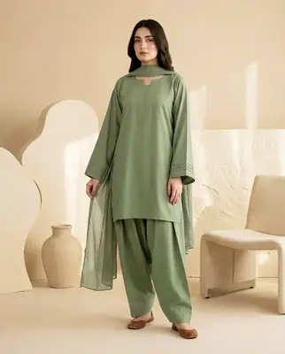 3 Pcs Women's Stitched Cotton Plain Suit