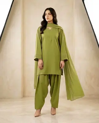 3 Pcs Women's Stitched Cotton Plain Suit thumbnail 4