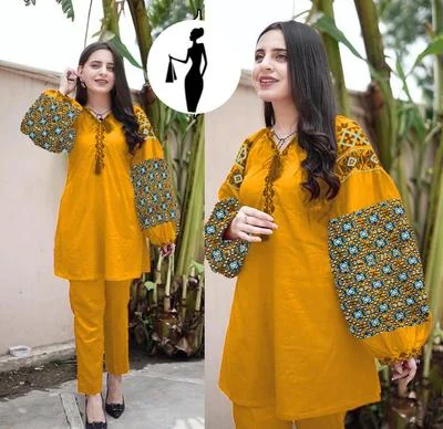 Women Linen Embroidered Shirt Trouser Set Mustard