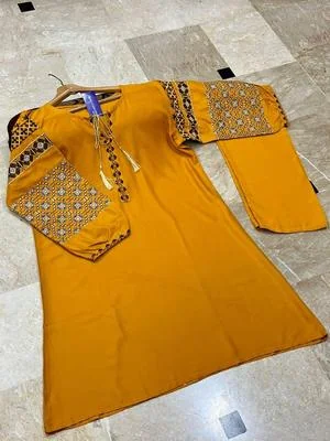 Women Linen Embroidered Shirt Trouser Set Mustard thumbnail 2