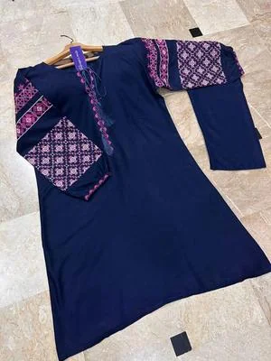 Women Linen Embroidered Shirt Trouser Set Blue thumbnail 2