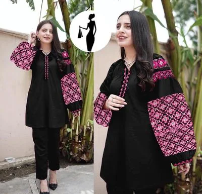 Women Linen Embroidered Shirt Trouser Set Black