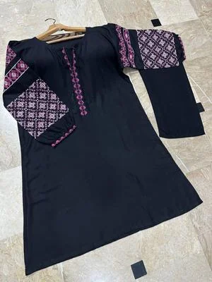 Women Linen Embroidered Shirt Trouser Set Black thumbnail 2