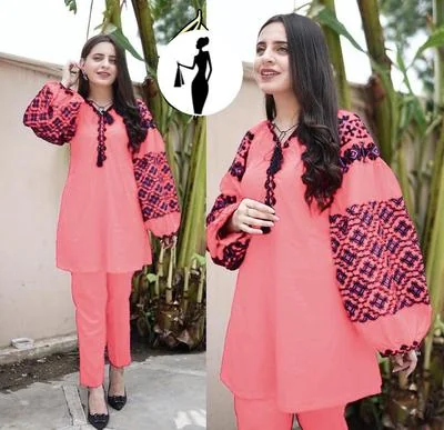 Women Linen Embroidered Shirt Trouser Set Pink