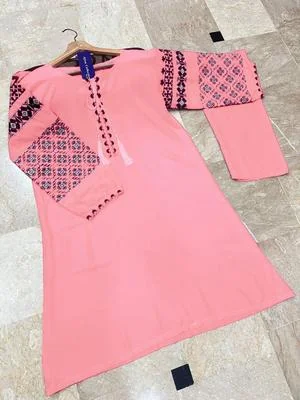 Women Linen Embroidered Shirt Trouser Set Pink thumbnail 2