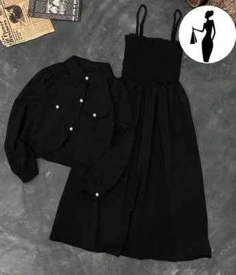 Black Linen 2Pcs Frock & Jacket Set