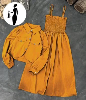 Mustard Linen 2Pcs Frock & Jacket Set