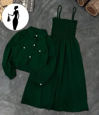 Green Linen 2Pcs Frock & Jacket Set