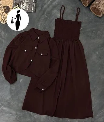 Brown Linen 2Pcs Frock & Jacket Set