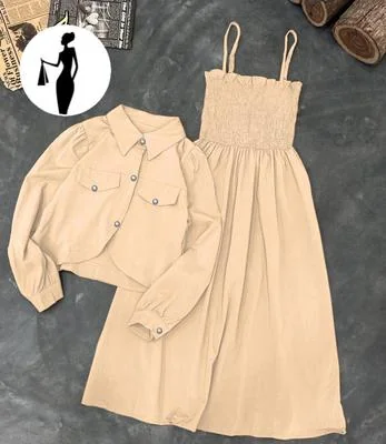 2 Pcs Women Linen Frock Jacket Set Beige