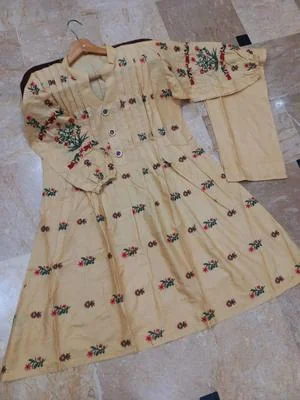 Women Cotton Embroidered Shirt Trouser Set Cream thumbnail 2