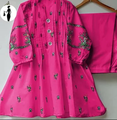 Pink Embroidered Women's 2Pc Cotton Shirt & Trouser Set