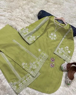 Women Cotton Embroidered Shirt & Trouser Green Set