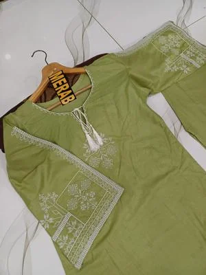 Women Cotton Embroidered Shirt & Trouser Green Set thumbnail 3
