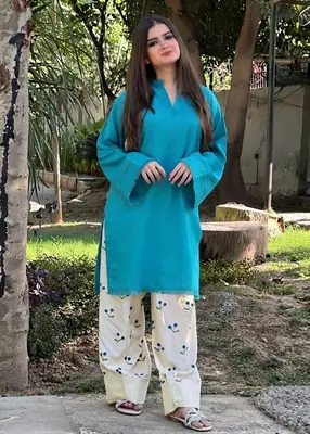 2 Pcs Women's Stitched Cotton Printed Shirt And Trouser thumbnail 3