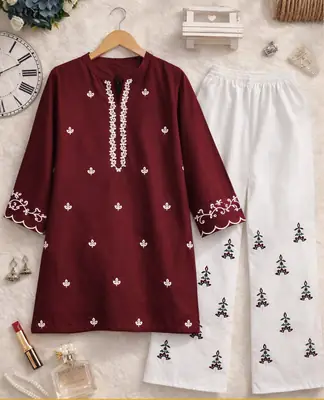 2 Pcs Women's Stitched Chiffon Embroidered Shirt And Trouser thumbnail 5