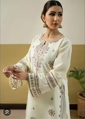2 Pcs Women's Stitched Cotton Embroidered Shirt And Trouser thumbnail 2