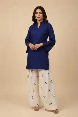 2 Pcs Women's Stitched Cotton Plain Shirt And Trouser