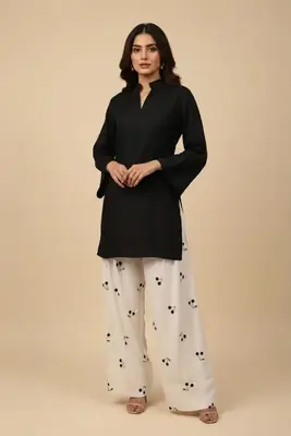2 Pcs Women's Stitched Cotton Plain Shirt And Trouser