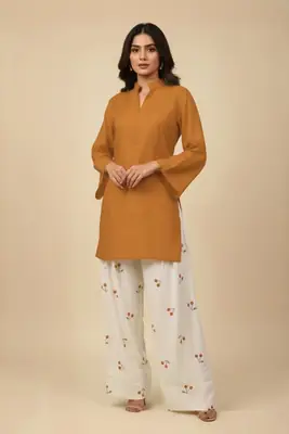 2 Pcs Women's Stitched Cotton Plain Shirt And Trouser