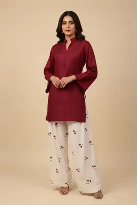 2 Pcs Women's Stitched Cotton Plain Shirt And Trouser