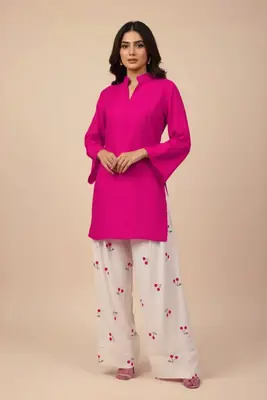 2 Pcs Women's Stitched Cotton Plain Shirt And Trouser
