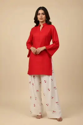 2 Pcs Women's Stitched Cotton Plain Shirt And Trouser
