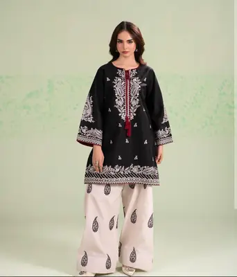 2 Pcs Women's Stitched Cotton Embroidered Shirt And Trouser