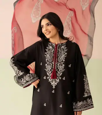 2 Pcs Women's Stitched Cotton Embroidered Shirt And Trouser thumbnail 2