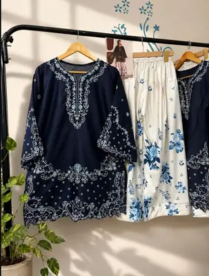 2 Pcs Women's Stitched Cotton Embroidered Shirt And Trouser thumbnail 5
