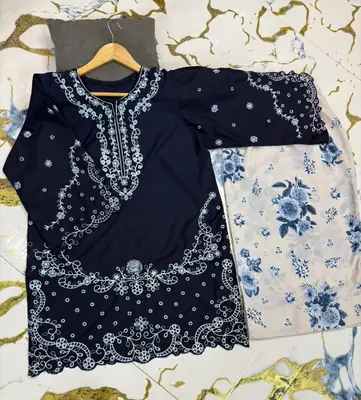 2 Pcs Women's Stitched Cotton Embroidered Shirt And Trouser thumbnail 6