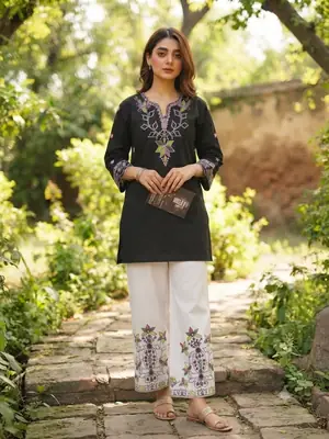 2 Pcs Women's Stitched Cotton Embroidered Shirt And Trouser