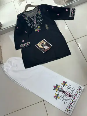 2 Pcs Women's Stitched Cotton Embroidered Shirt And Trouser thumbnail 2
