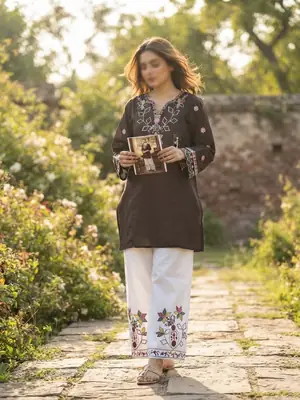 2 Pcs Women's Stitched Cotton Embroidered Shirt And Trouser