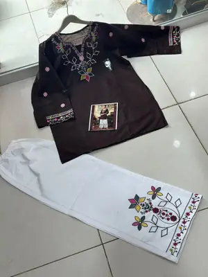 2 Pcs Women's Stitched Cotton Embroidered Shirt And Trouser thumbnail 2