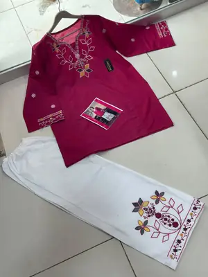 2 Pcs Women's Stitched Cotton Embroidered Shirt And Trouser thumbnail 2