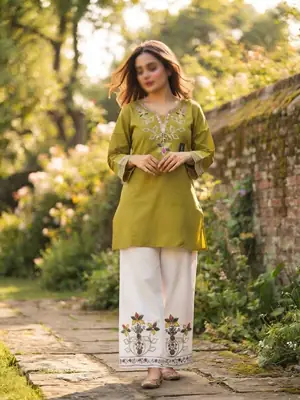 2 Pcs Women's Stitched Cotton Embroidered Shirt And Trouser