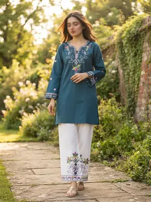 2 Pcs Women's Stitched Cotton Embroidered Shirt And Trouser