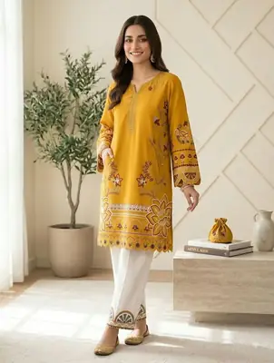 2 Pcs Women's Stitched Cotton Embroidered Shirt And Trouser