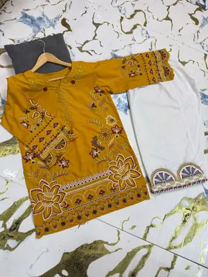 2 Pcs Women's Stitched Cotton Embroidered Shirt And Trouser thumbnail 3