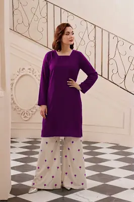 2 Pcs Women's Stitched Linen Embroidered Shirt And Trouser