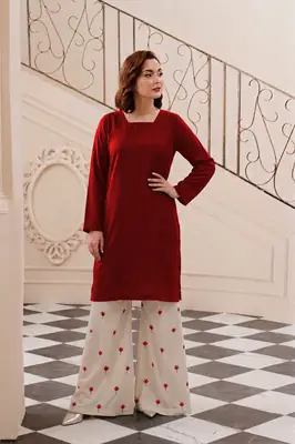 2 Pcs Women's Stitched Linen Embroidered Shirt And Trouser
